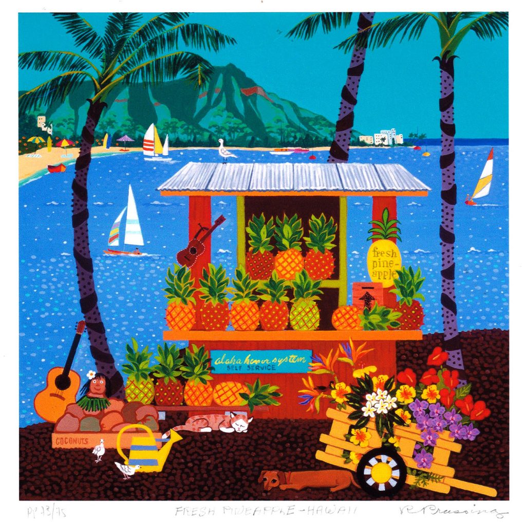 ハワイの果物屋台が描かれたハワイアンアート2選 Rosalie Prussing Oceandayは海をテーマにしたアートを扱うアートギャラリー オーシャンデイ